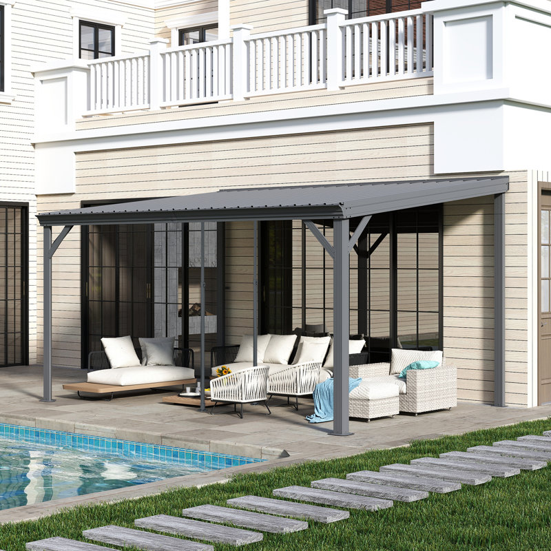 Patio Gazebo Lean to Wall Mounted Pergola with Sloping Galvanized Steel Roof, 94.68" H x 162.84" W x 117.12" D, Gray