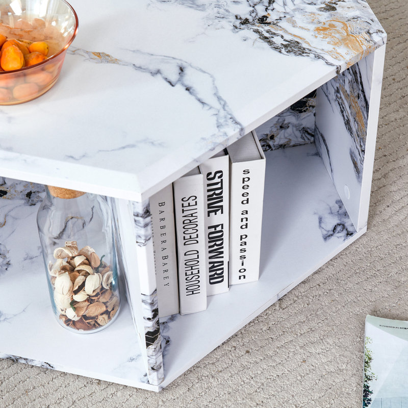 Hexagonal MDF Coffee Table, White Marbl Pattern Stickers, Multi-Hole Design To Give More Storage Space, Simple And Convenient Design Makes It Suitable For All Kinds Of Style Scenes.