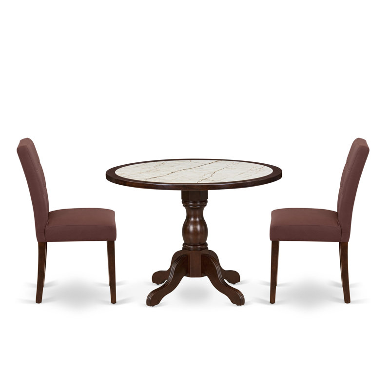 Ensemble de cuisine 3 pièces de style Mid-Century composé d'une table de cuisine ronde à piédestal et de 2 chaises Parsons élégantes à dossier avec tissu en polyester bourgogne, finition acajou