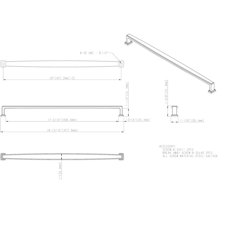 Matte Black 18" Modern Appliance Pull with Mounting Hardware