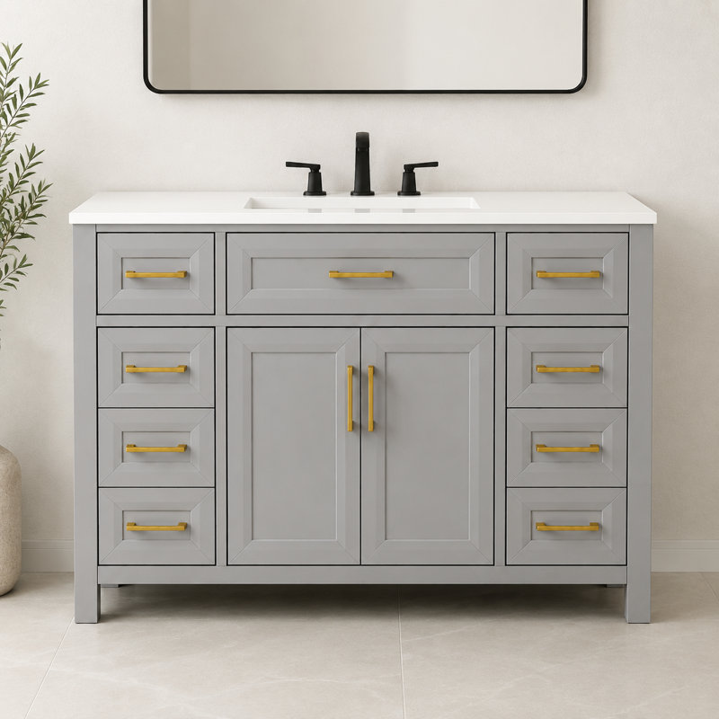 Meuble-lavabo sur pied l 48 po x P 22 po avec comptoir intégré, fabrication en bois massif
