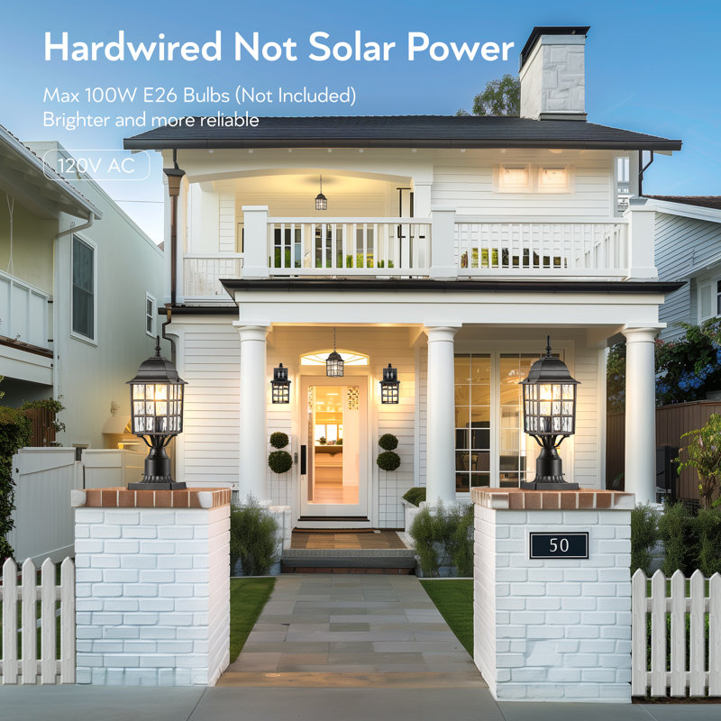 Modern Black Lamp Post Light Fixture with Mount Base, Waterproof Exterior Post Lantern Fixture with Tempered Glass