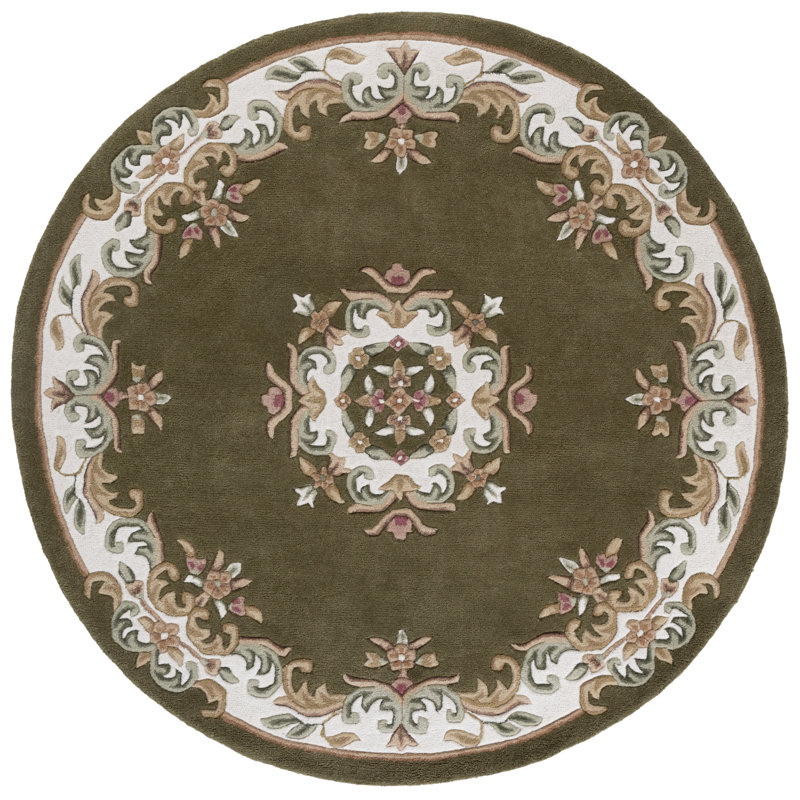 Aubusson 301 Hand Tufted Wool/Cotton Oriental Rug in Olive/Ivory, Round 6'