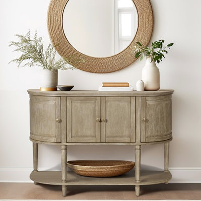 Armoire décorative avec 4 portes, placage en bois massif, tablettes réglables, loquets magnétiques, espace de vie, rangement intérieur ovale l 47,5 po x P 17 po, bois, or, niveleurs