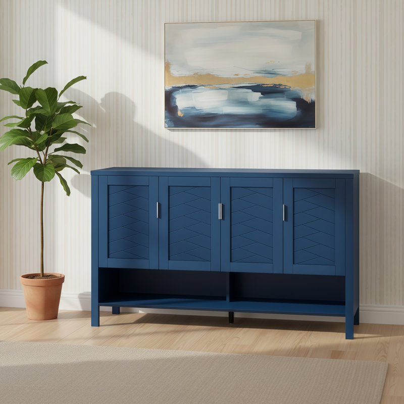 This Modern-Style Four-Door Storage Sideboard Also Functions As A Dining Sideboard. It Features A Combination Of Open And Adjustable Shelves, Along With Double Hooks, Making It Suitable For Various Settings.