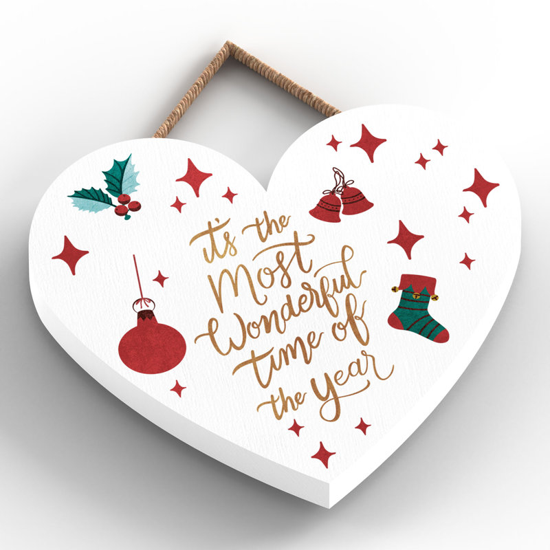 Xmas the Most Wonderful Time Heart Wooden Plaque, 10cm H x 9cm W x 0.5cm D