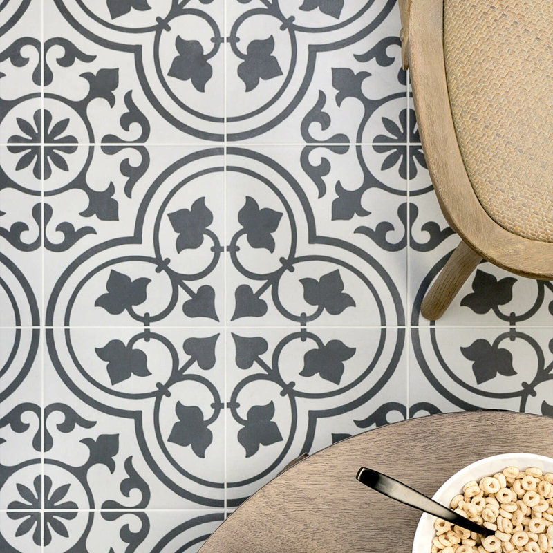 Cascais 9x9 Matte Porcelain Tile, White Ornate