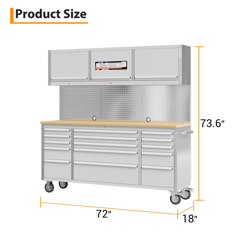61 Inch Heavy Duty Workbench with Drawers, Industrial Garage Work Table, Solid Rubberwood Top and 10-Drawer Steel Cabinet, Lockable Workshop Organizer