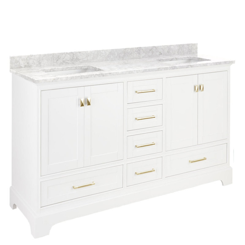 Quen 72" Freestanding Double Basin Vanity Set with Cabinet, Vanity Tops, Soft White, No Faucet Holes, Carrara Marble