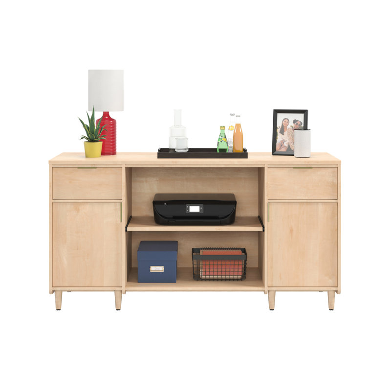 Finition érable pour compléter le décor de diverses pièces de la maison, deux tiroirs, tablettes réglables, gestion des câbles intégrée, assemblage facile avec la maison et l'espace de travail bien rangé, grande surface, glissement solide