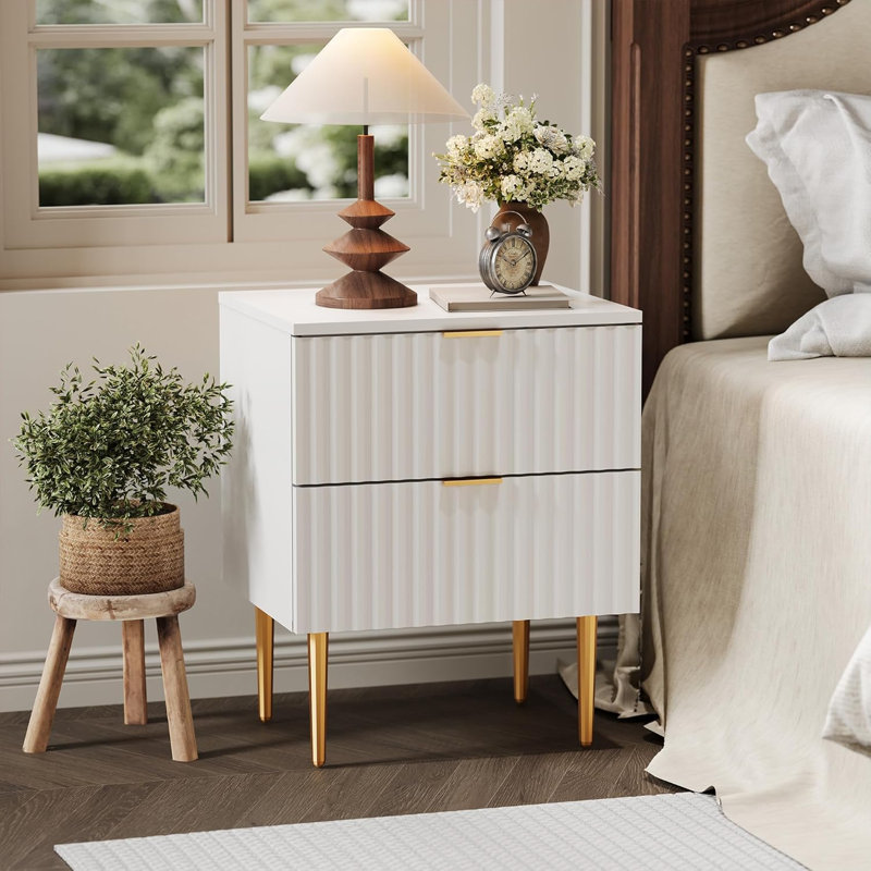 Channing Modern 2 Drawer Nightstand with Handles and Gold Legs, White, Individual