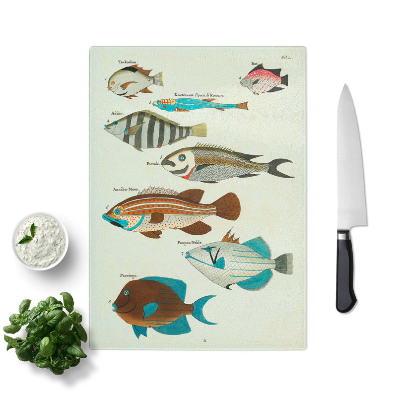 Glass East indies Fish Illustrations Fol. 1 by Louis Renard Chopping Board, 39 cm W x 28.5 cm L
