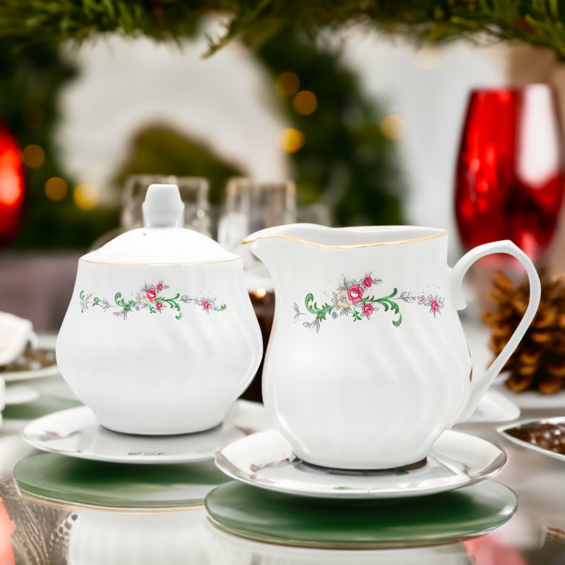 Nyle White Porcelain Sugar and Creamer Set, Floral & 24k gold trim