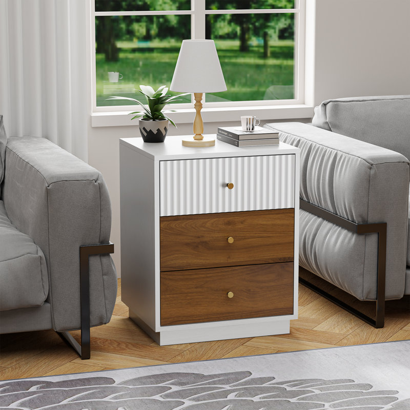 Mid-Century Modern Fluted Nightstand with 3 Drawers, White, Set of 2