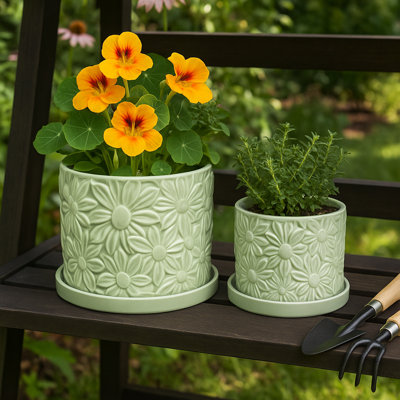 Jardinière décorative en céramique à motif marguerite avec soucoupe pour la décoration intérieure