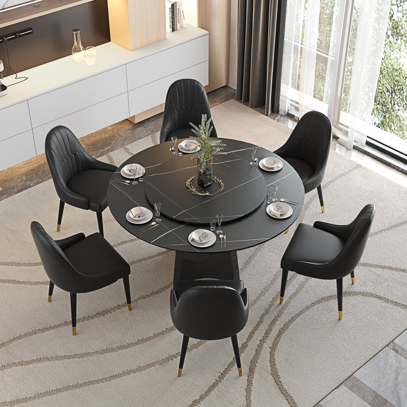 51'' Round Dining Table Set, Modern Faux Marble Table With Lazy Susan And Dining Chairs For 6 Person, Lauren Black Gold