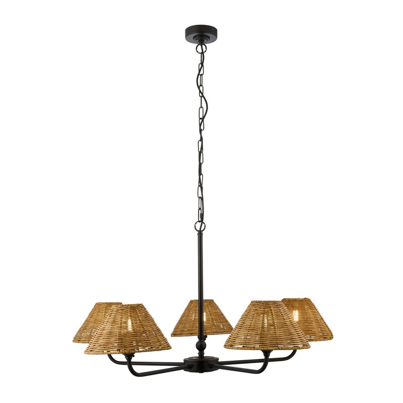 5 - Light Cluster Chandelier, Matt Black & Dark Rattan