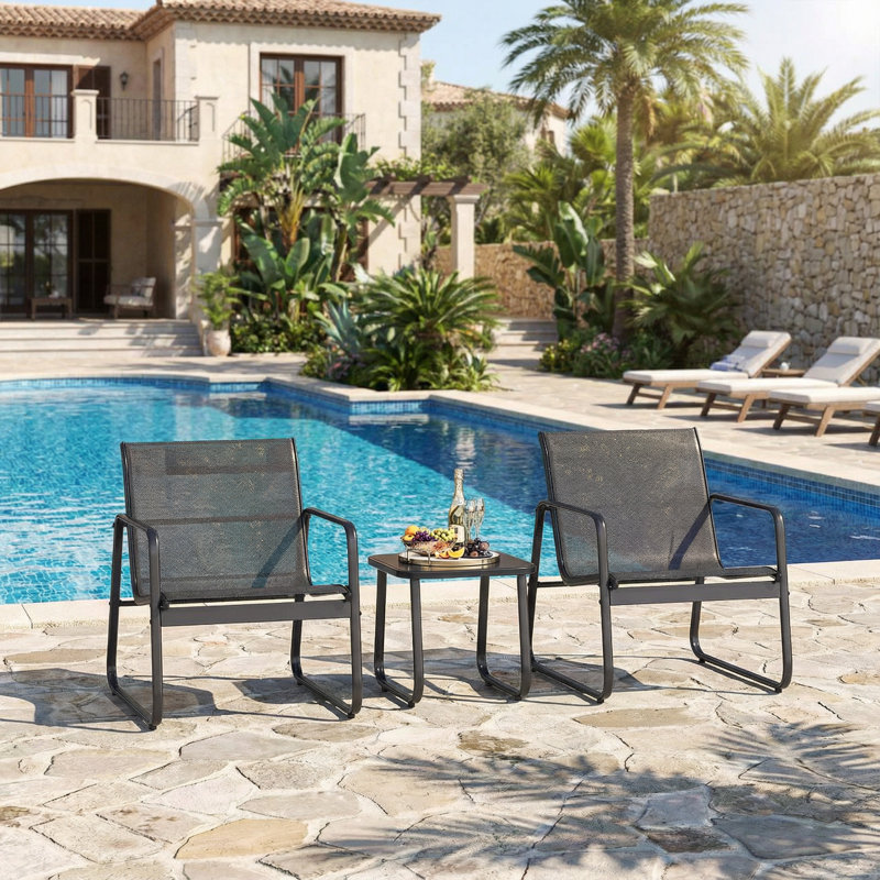 2 Person Outdoor Seating Set with metal Frame and Duurable Mesh Fabric ,3 Piece Set, Black