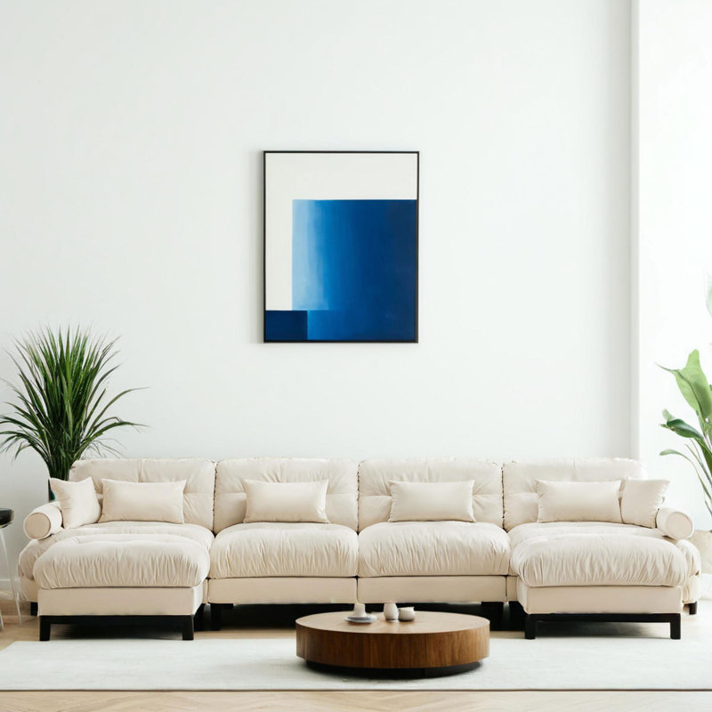 U Shaped Sectional Sofa Cloud Couch With Movable Ottomans, Convertible Deep Modern Velvet Comfy Upholstered Corner Couch With Blostered Armrests, Waist Pillow And Throw Pillows