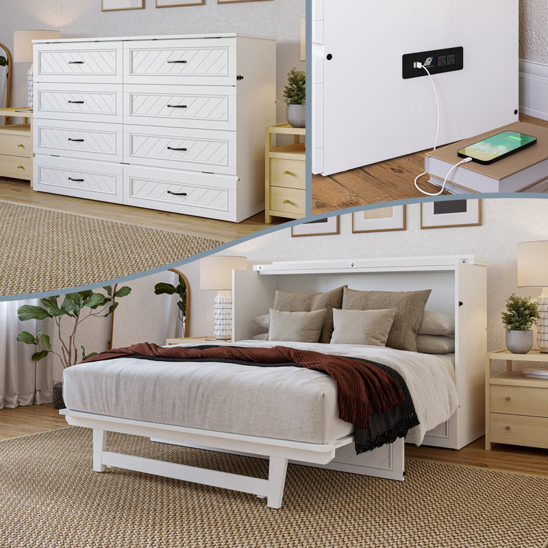 Mandujano Solid Wood Murphy Bed Chest with 6" Mattress and Built-in Charging Station, White