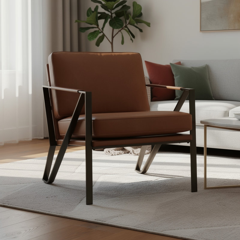 Fauteuil d'appoint Gery, cuir fleur brun caramel, structure en métal bronze