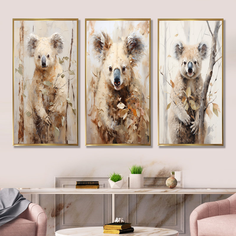 Ensemble de 4 reproductions d'art sur toile Koala, Cadre flottant doré, H 40 po x l 60 po