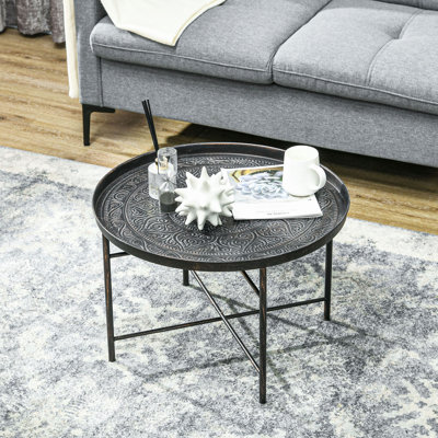 Table basse ronde de 24 po avec plateau martelé, table centrale en métal rétro pour le salon, la chambre à coucher et la table d'appoint