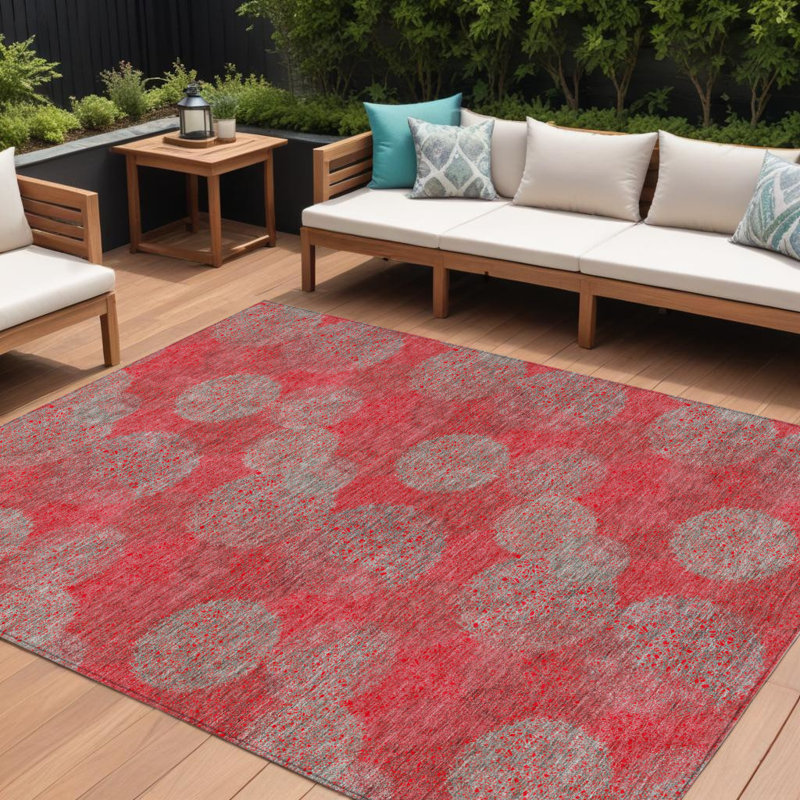 Tapis extérieur lavable à pois gris et argent 10 pi x 14 pi rouge