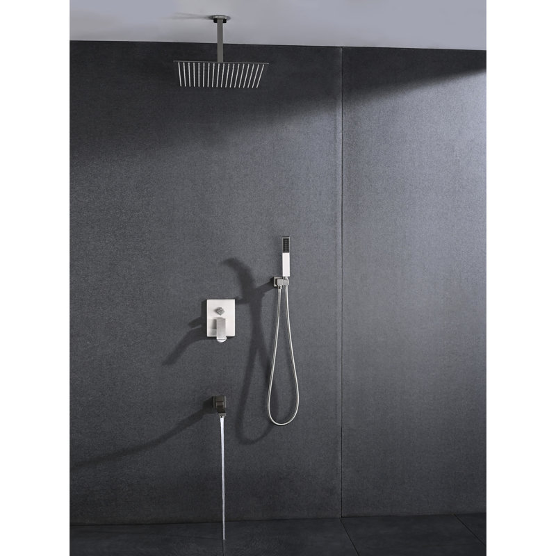 Brushed Nickel Ceiling Mounted Shower - 16" Head And Handheld Natural Rainfall Simulation Replica Self-Cleaning Nozzle Accordant With American Standard Pipe Connections Bathroom