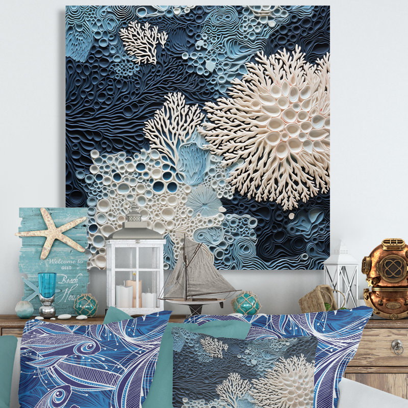 Under Water Blue And White Corals Collage - Coastal Wall Art, 24" H x 24" W, Wrapped Canvas, No Frame