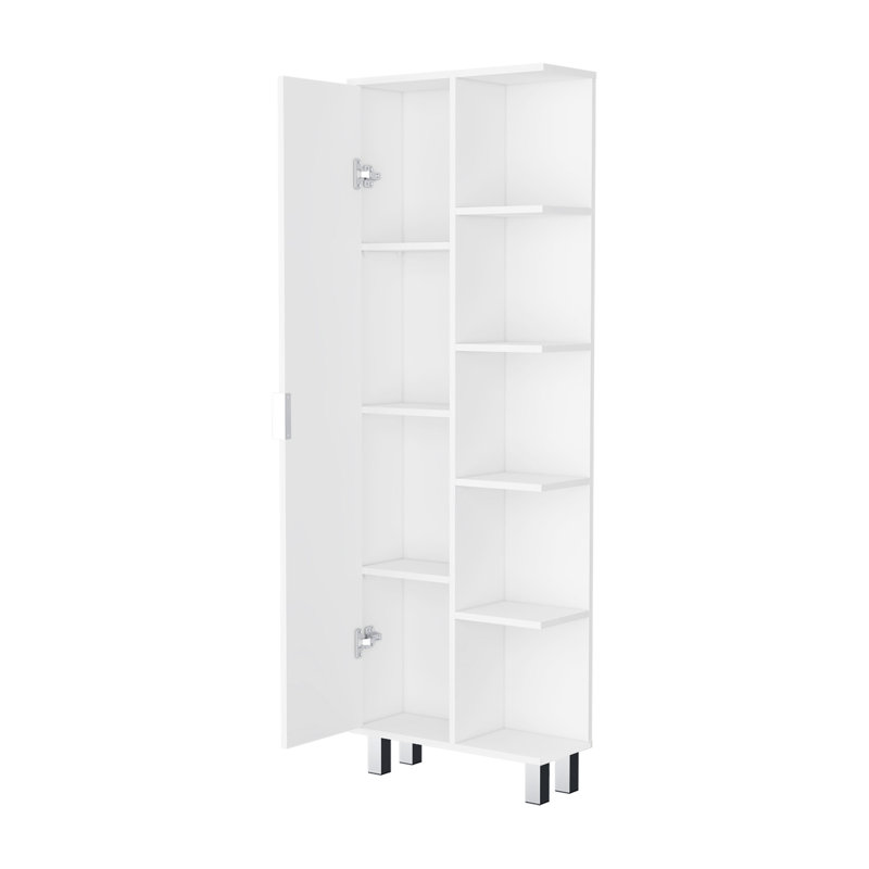 Armoire à linge 1 porte en blanc pour l'espace de la salle de bain - 9 tablettes, amélioration élégante, enrichissement stylisé en bois de qualité, nature