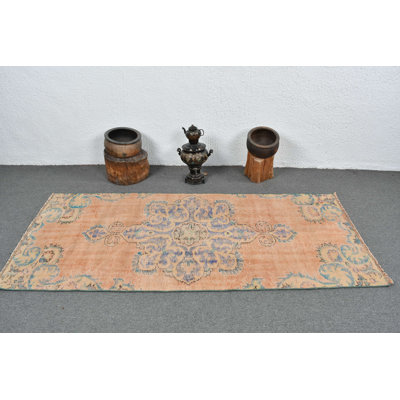 Vintage Turkish Runner Rug with Medallion Pattern in Rustic Orange perfect for Hallway Decor Blue/Orange