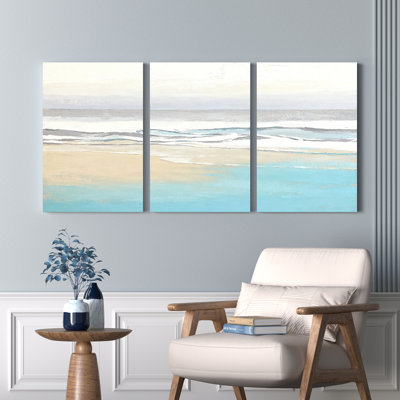 Ocean Waves Beach Scene Canvas Wrapped Wall Art Oil Painting Print Set of 3