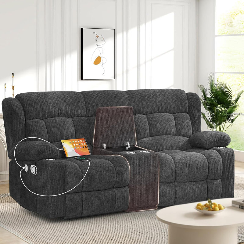 Loveseat Recliner Sofa, 2 Seater Curved Sofa for Living Room, Fabric Manual Pull Tab Reclining Loveseat with Storage Console, Recliner Loveseat Couches with USB Charge Ports, Cup Holders