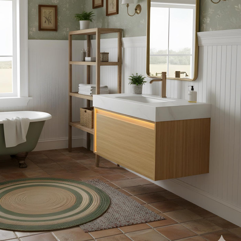 Meuble-lavabo flottant 36 po avec tiroir et lavabo en céramique 36 po, 36", Blanc de Carrare