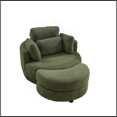 Fauteuil pivotant surdimensionné de 39 po de largeur avec repose-pieds de rangement en forme de lune pour le salon, causeuse ronde ronde en forme de tonneau avec accoudoirs pour fauteuil de chambre, 4 coussins, tissu en peluche
