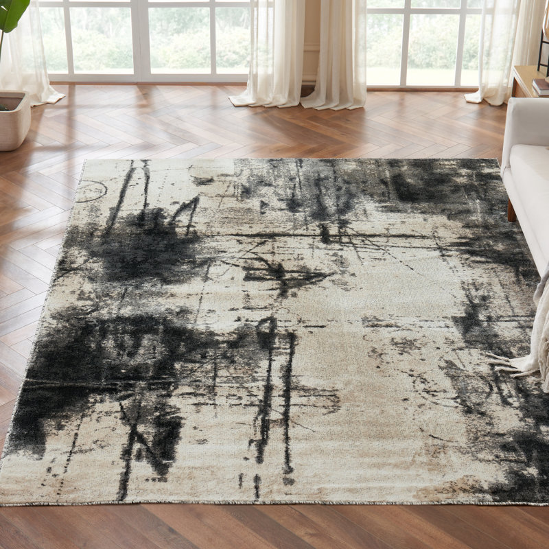 Tapis noir / beige / crème Strato Urban Script, Rectangle 8 pi 6 po x 11 pi 6 po