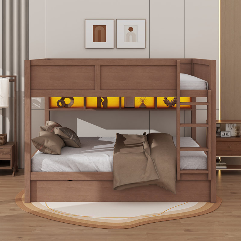Bunk Bed With Drawers, Wood Bunk Bed With Storage Cabinets And LED Lights, Brown