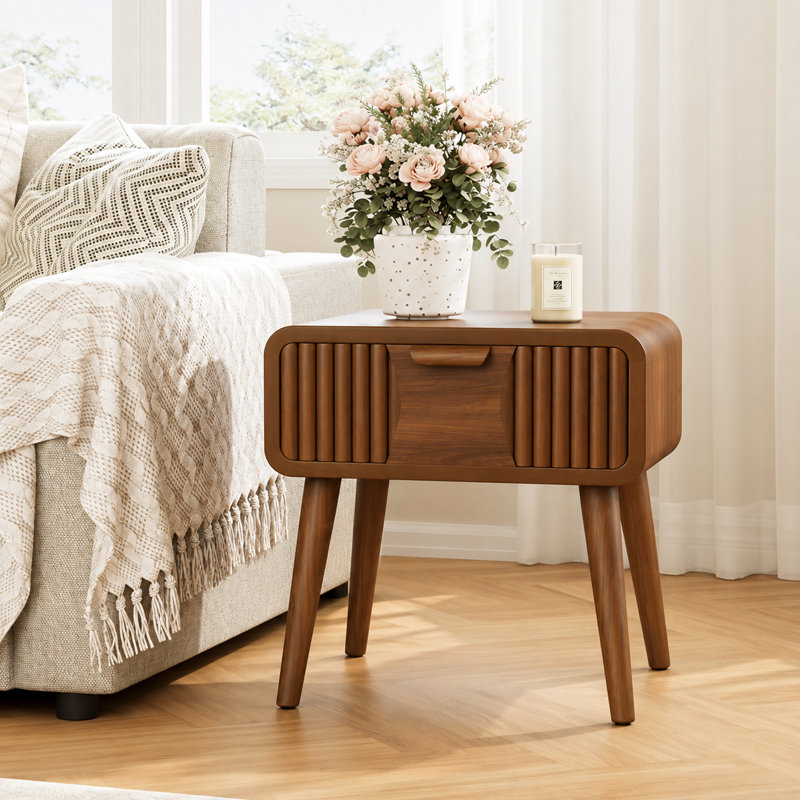 Table de chevet cannelée en bois avec tiroir simple 19,7 po, 1