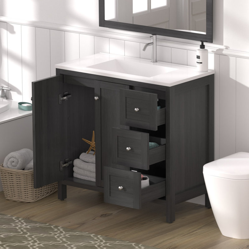 Meuble-lavabo moderne avec lavabo 35,5 po, armoire de rangement pour salle de bain avec portes à fermeture douce et 3 tiroirs, noir Munich