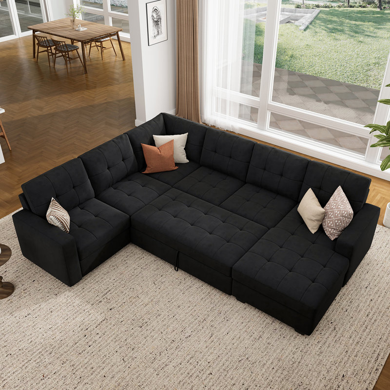 Canapé-lit modulaire capitonné en forme de U avec méridienne Epping Chasidi, Velours noir