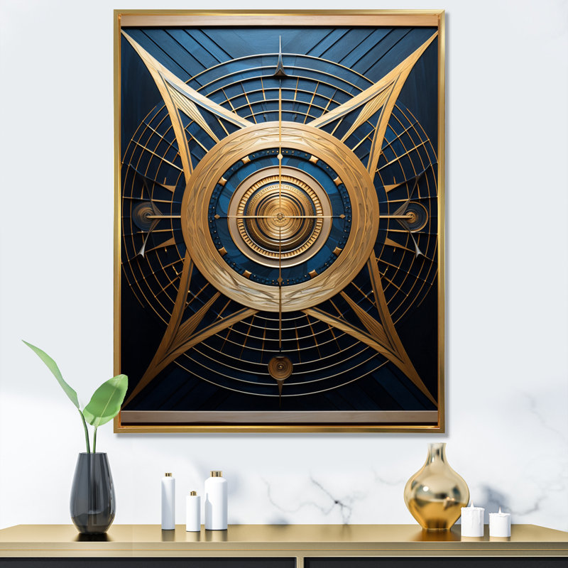 «Esoteric Knowing In Teal and Gold I», impressions d'art géométrique moderne, H 20 po x l 12 po x P 1 po, Cadre flottant doré
