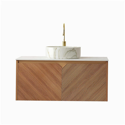 RUBEN 36" Bathroom Vanity&Sink, Floating Plywood Storage Cabinet, Twill Double Doors with Metal Trim, Matte Stone Pattern White Round Ceramic Basin&Sintered Stone Top, Brown Oak Woodgrain (New SKU)