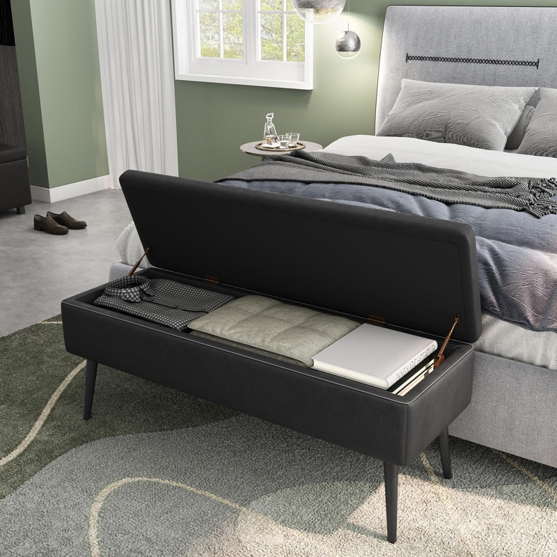 47.7'' Mid-Century Modern Upholstered Storage Bench With Solid Wood Legs, Black