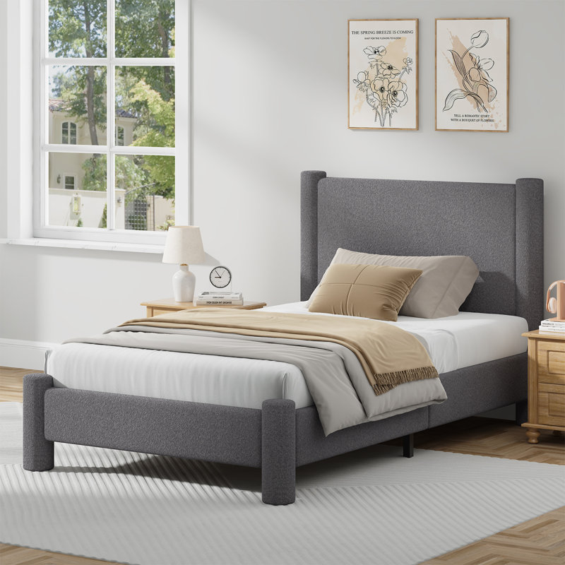 Lit plateforme tapissier Boucle, Gris foncé, Simple