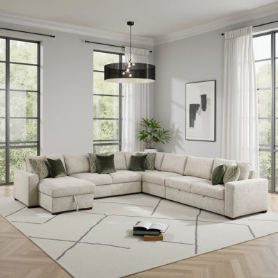  Canapé modulaire moderne et contemporain Orrin - Grand canapé modulaire en microfibre avec lit escamotable, méridienne de rangement, dossier rabattable et 8 coussins.