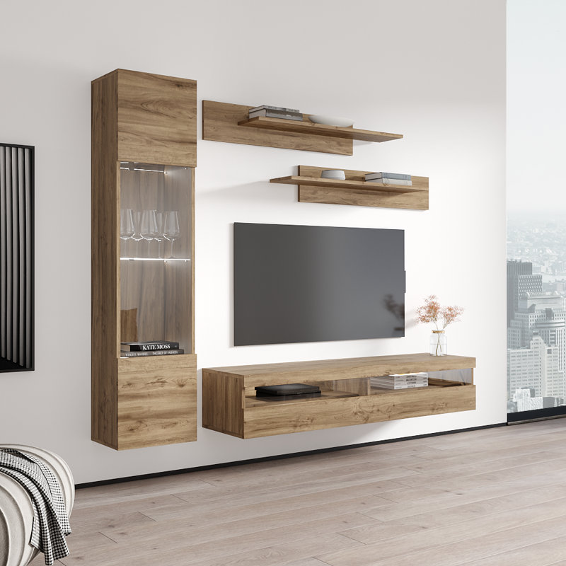 Lovelace 85" Modern Floating Wall Mounted Entertainment Center with 16-Color LED Lighting, High Gloss Finish, Oak