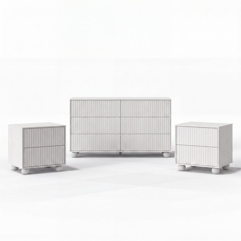 Ensemble de chambre à coucher avec 3 pièces Ashford (ensemble de 2 commodes cannelées à 6 tiroirs et 2 tiroirs), White