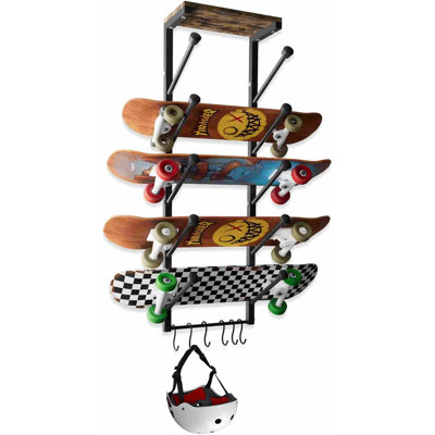Skateboard Rack Wall Mount With Five-Layer Skate Board Stand,With 6 Hooks,Black