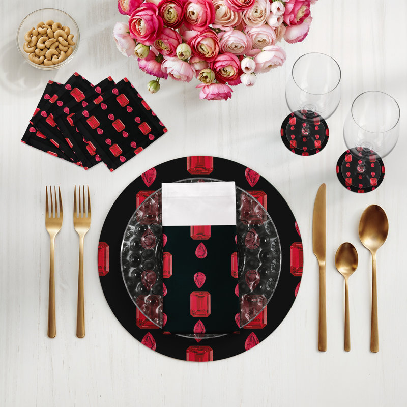 Gem Rubys Crimson Vegan Leather Round Coasters, Black